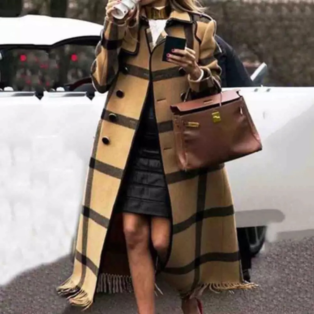 Womens Long Plaid Trench Coat in Camel